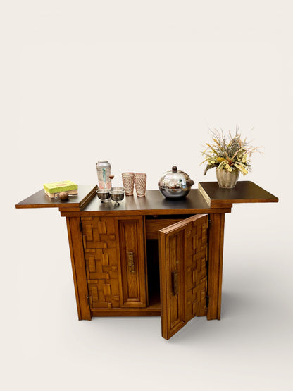 Vintage Broyhill Premier Mid Century Modern Oak Brutalist Style Flip Top Bar Cabinet