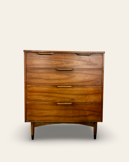 1960s Vintage MCM Tallboy Dresser with 4 Drawers and Sculpted Pulls