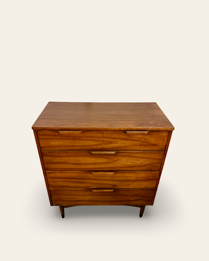 1960s Vintage MCM Tallboy Dresser with 4 Drawers and Sculpted Pulls