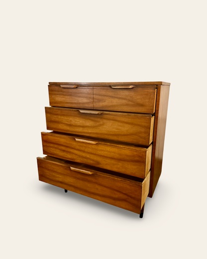 1960s Vintage MCM Tallboy Dresser with 4 Drawers and Sculpted Pulls