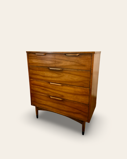 1960s Vintage MCM Tallboy Dresser with 4 Drawers and Sculpted Pulls