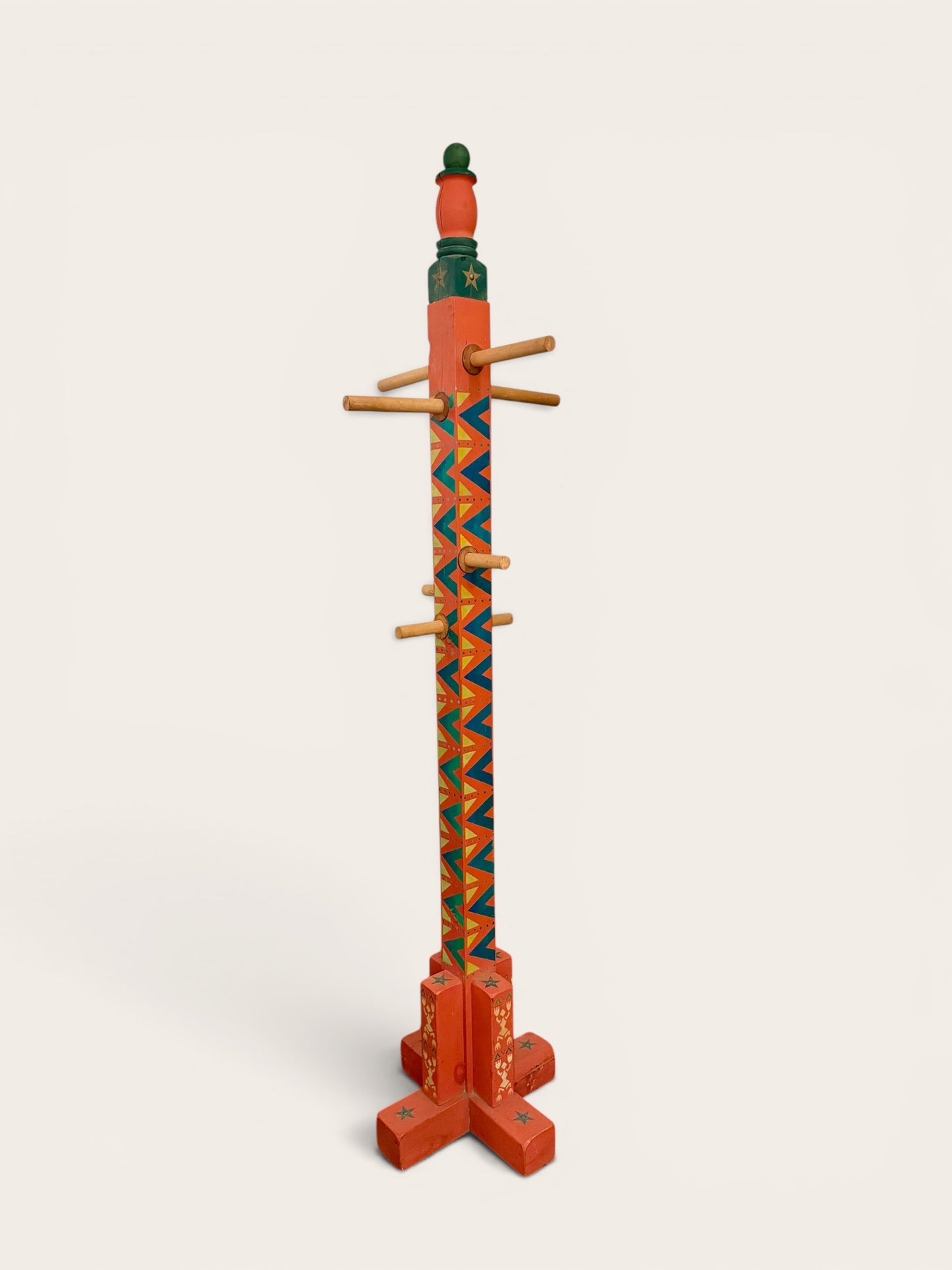 Vintage Southwestern Folk Art Coat Rack with Leather-Trimmed Pegs