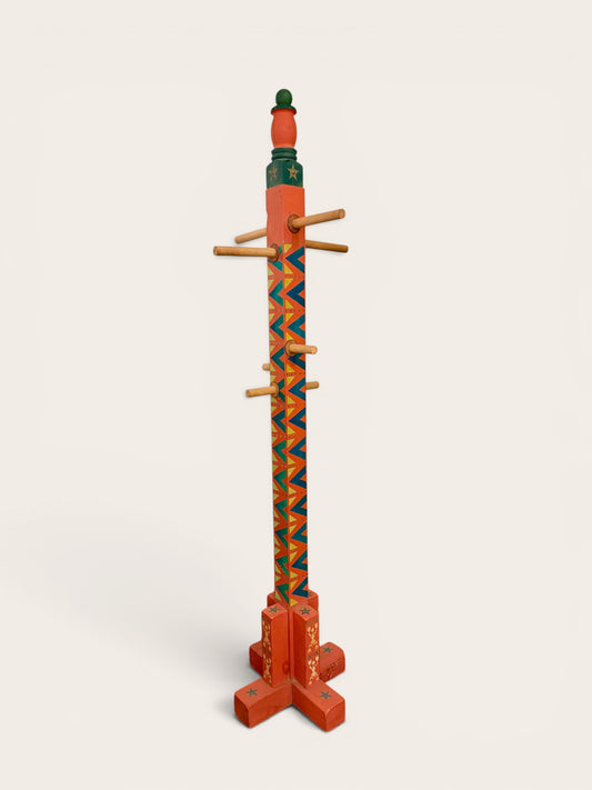 Vintage Southwestern Folk Art Coat Rack with Leather-Trimmed Pegs