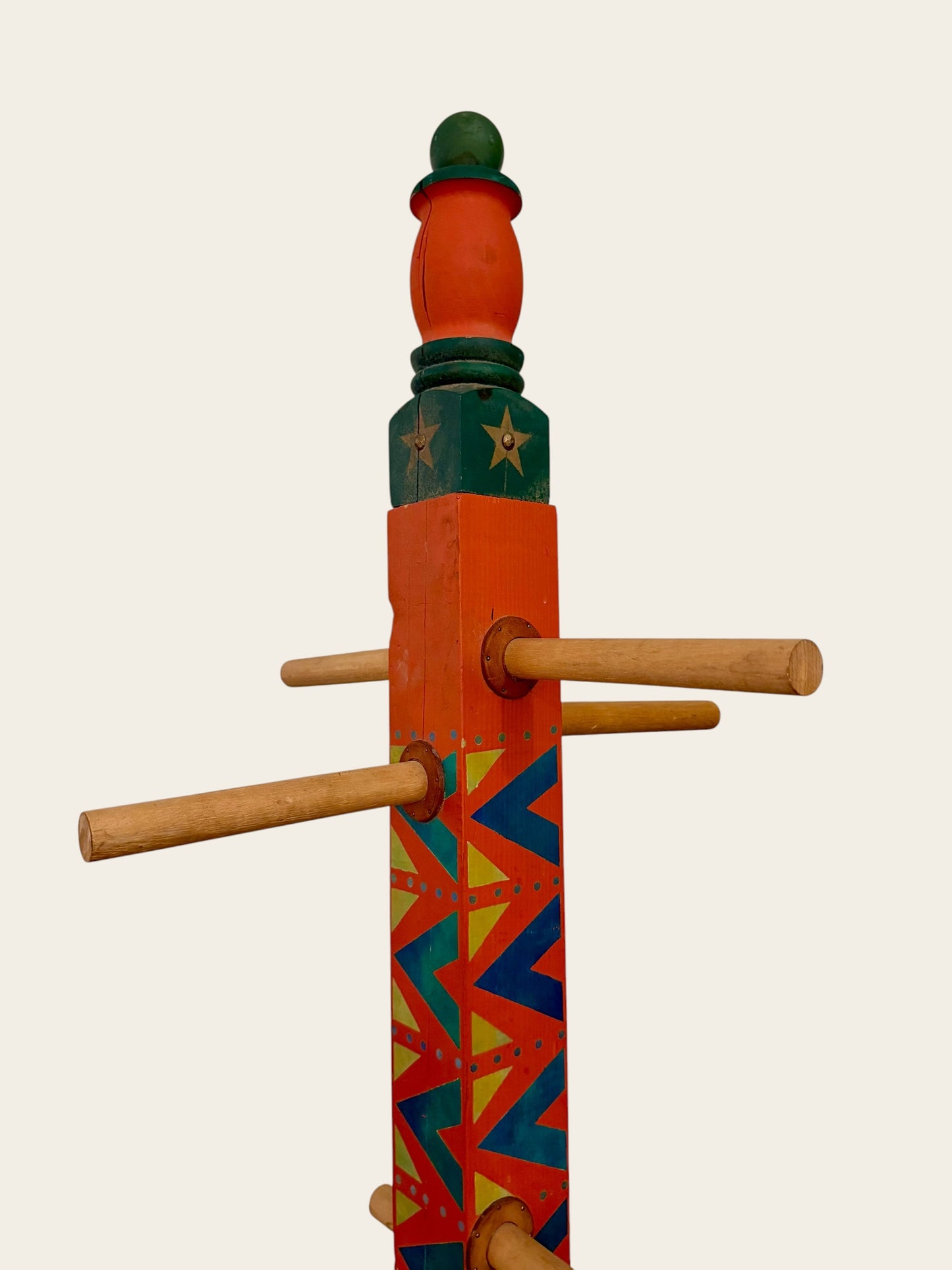 Vintage Southwestern Folk Art Coat Rack with Leather-Trimmed Pegs