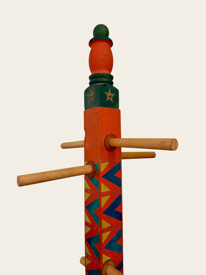 Vintage Southwestern Folk Art Coat Rack with Leather-Trimmed Pegs