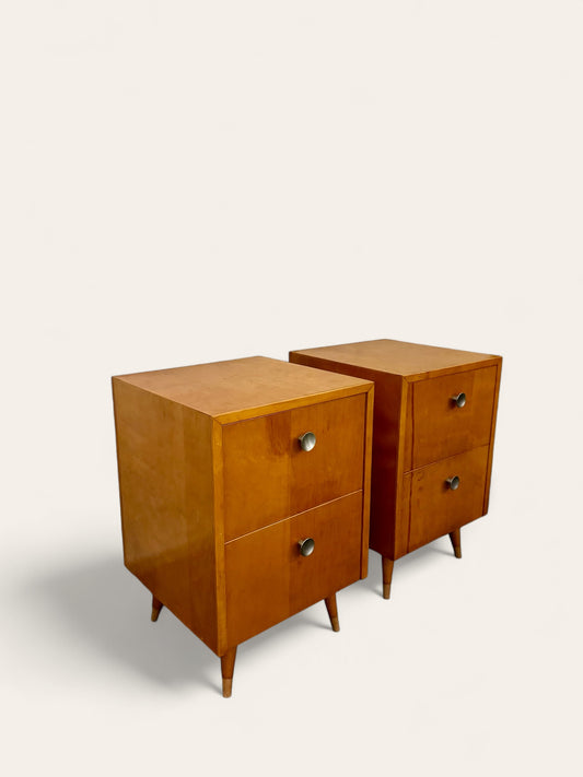 Vintage MCM Matching Nightstands with Two Drawers and Original Pulls