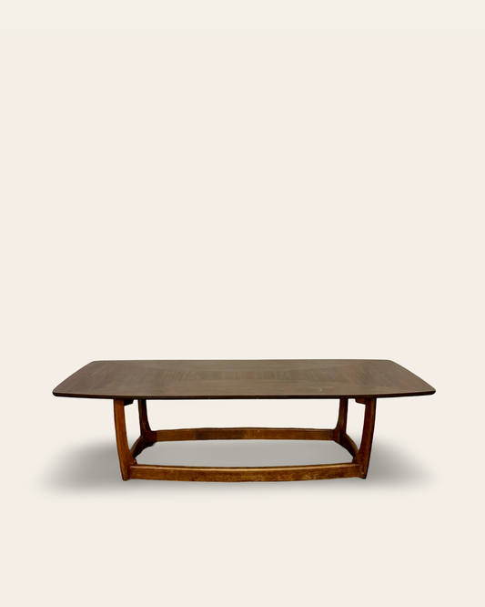 Vintage MCM Surfboard Coffee Table with Walnut Base and Wood Laminate Surface