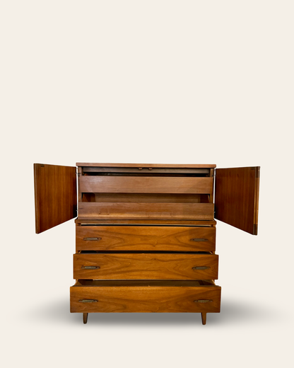 1960s Vintage MCM Walnut Tall Boy Broyhill Premier Emphasis 5 Drawer Dresser