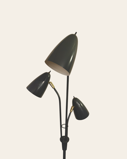 Vintage Gerald Thurston Style Mid-Century Modern Three-Headed Adjustable Floor Lamp - Blue/Grey with Brass Accents