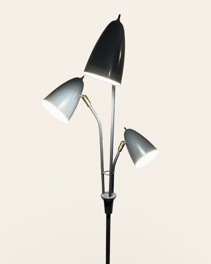 Vintage Gerald Thurston Style Mid-Century Modern Three-Headed Adjustable Floor Lamp - Blue/Grey with Brass Accents