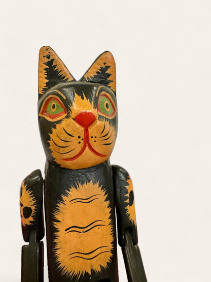 Vintage Handmade and Hand Painted Black Folk Art Cat with Articulated Arms and Legs