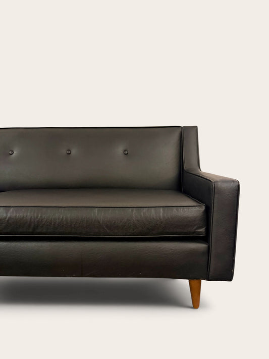 Vintage 1960s Mid-Century Modern Low-Profile Tufted Sofa in Black Vinyl